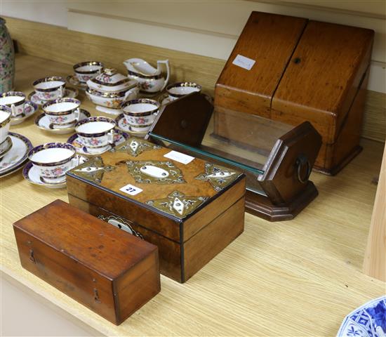 An oak stationery box, a walnut jewellery box, a cased microscope and an Art Deco book trough box height 12cm width 25cm